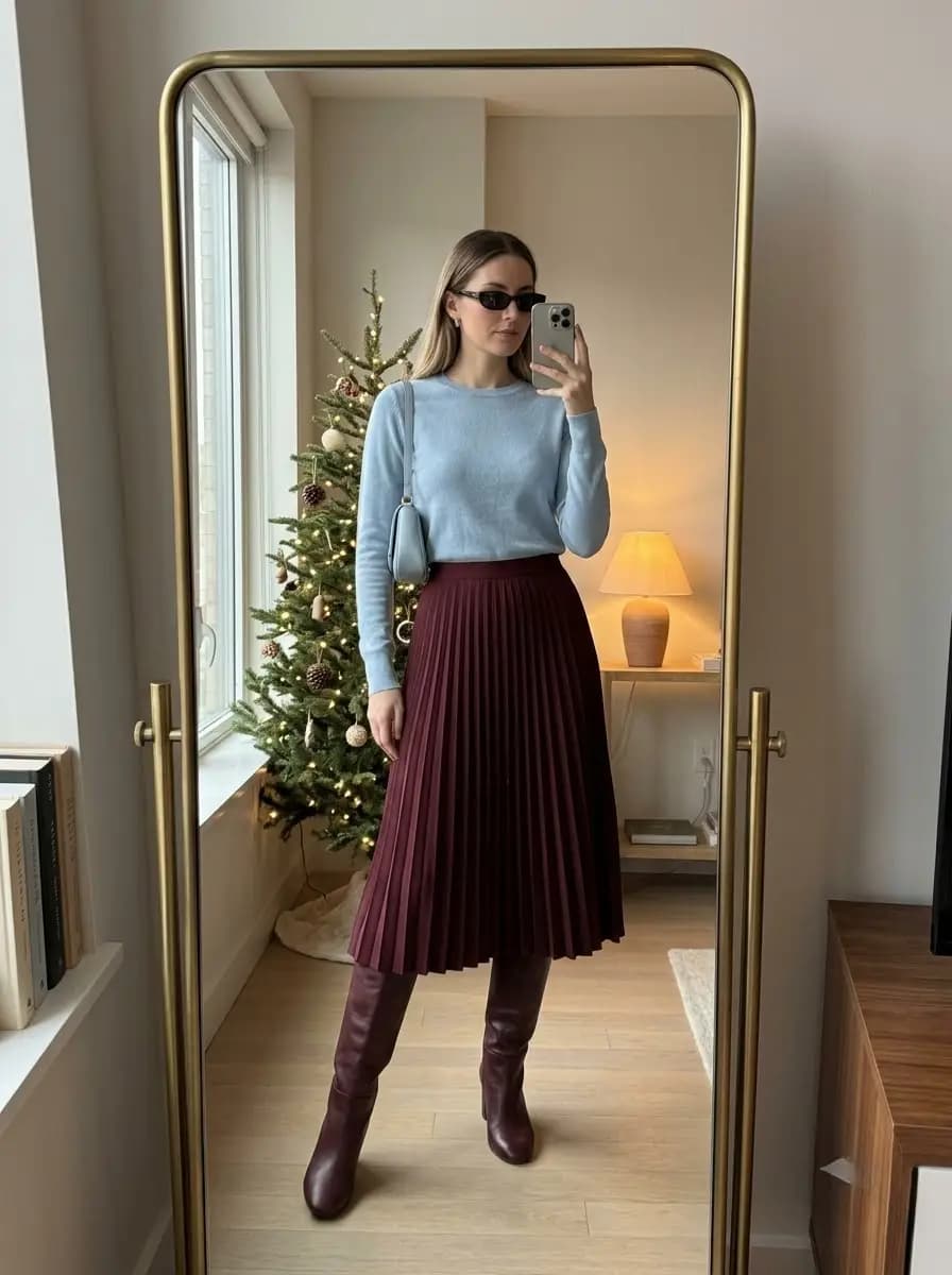 Light blue sweater with burgundy pleated midi skirt and burgundy boots
