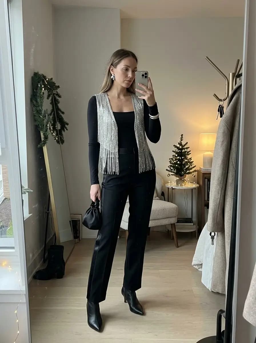 Black long sleeve top and pants layered with silver beaded fringe vest