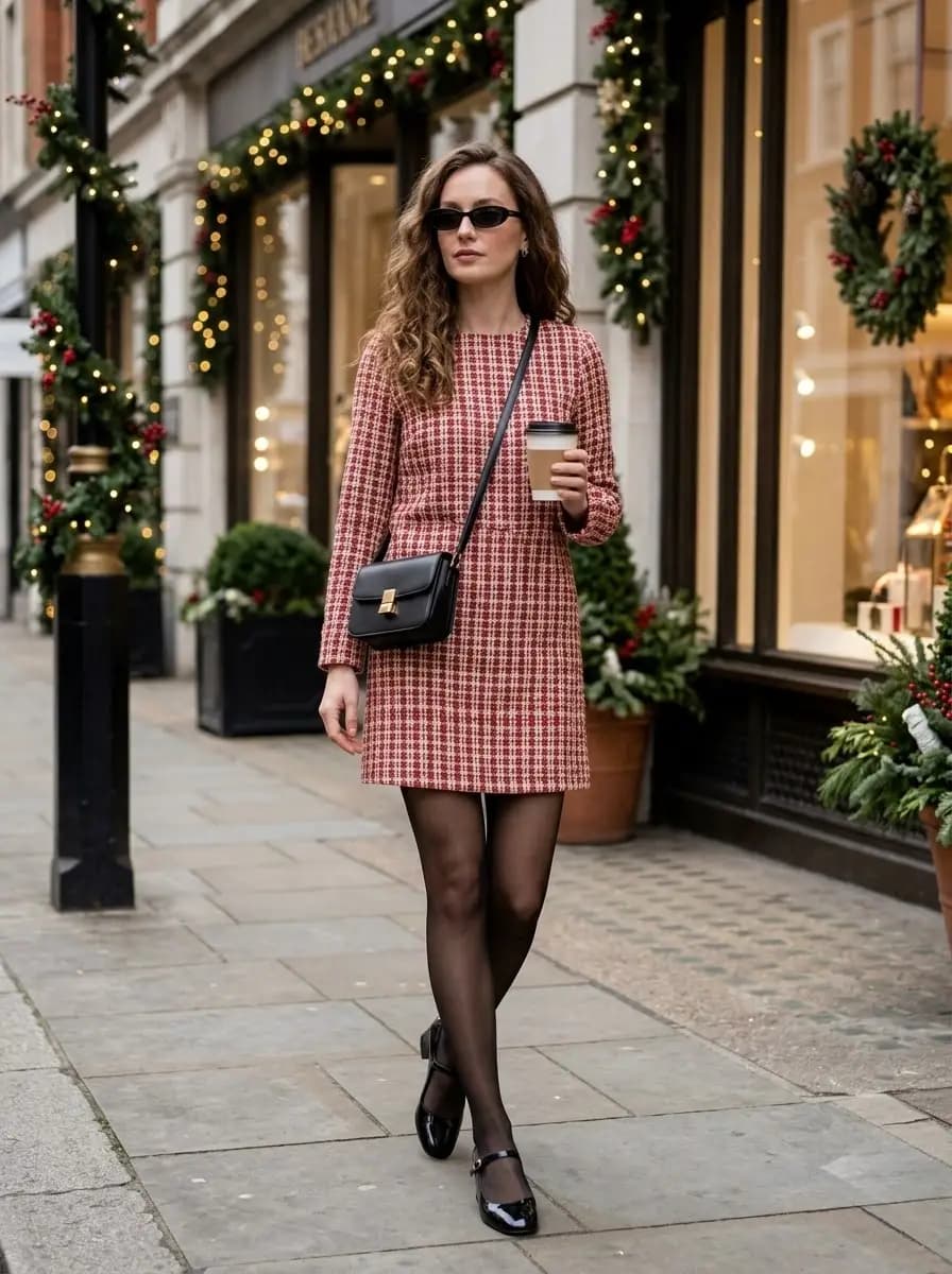 Red plaid tweed long sleeve mini dress with black tights and Mary Jane flats