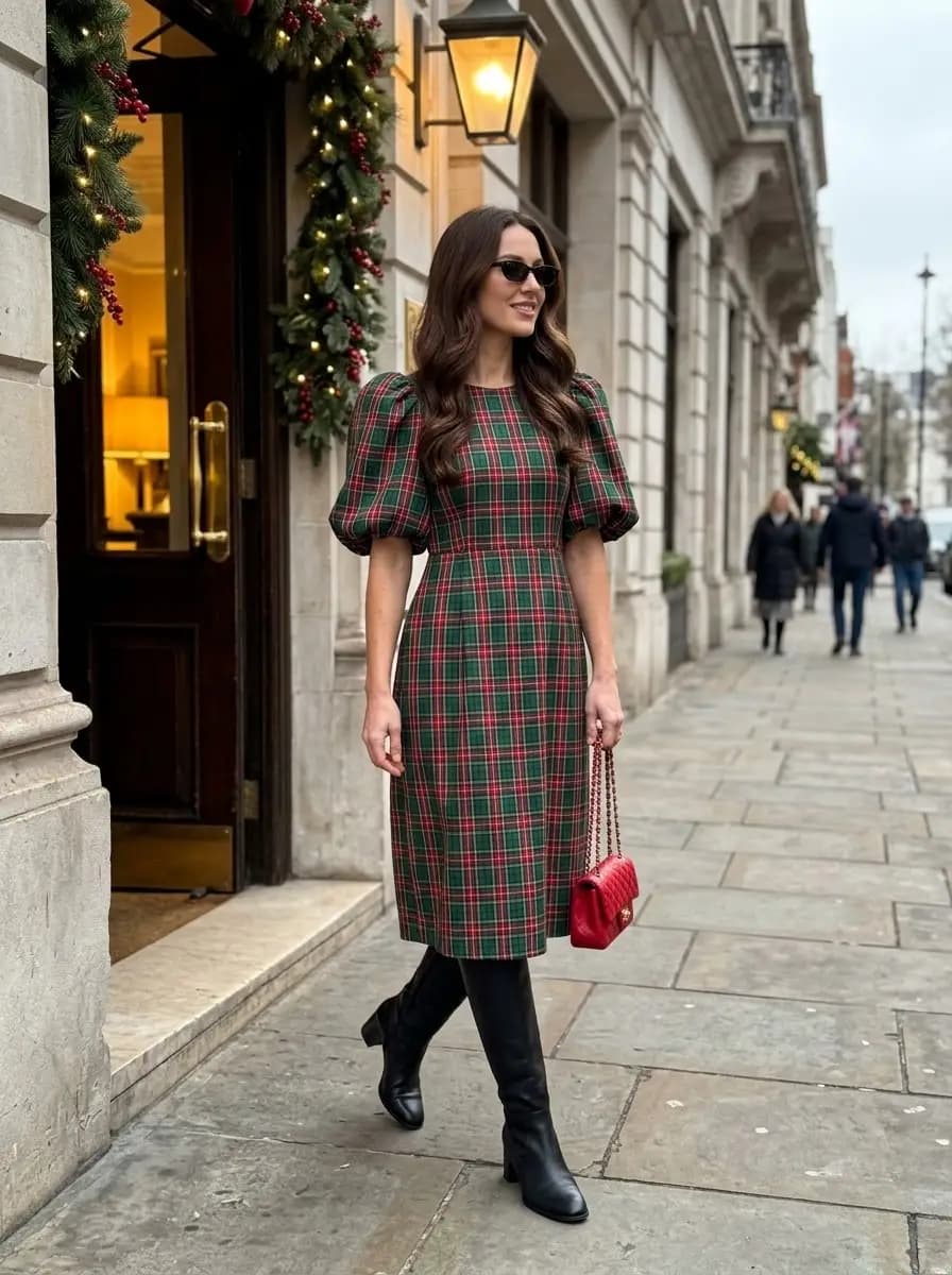 Red plaid puff sleeve midi dress with black knee-high boots