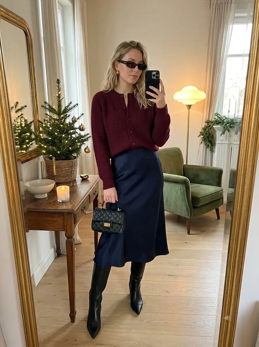 Burgundy ribbed cardigan with navy satin midi skirt and black boots