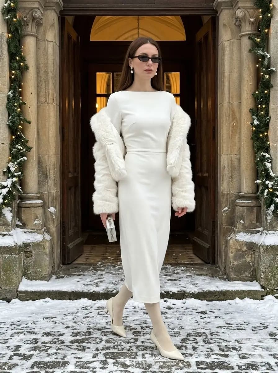 White long sleeve midi dress with cream faux-fur stole and metallic clutch