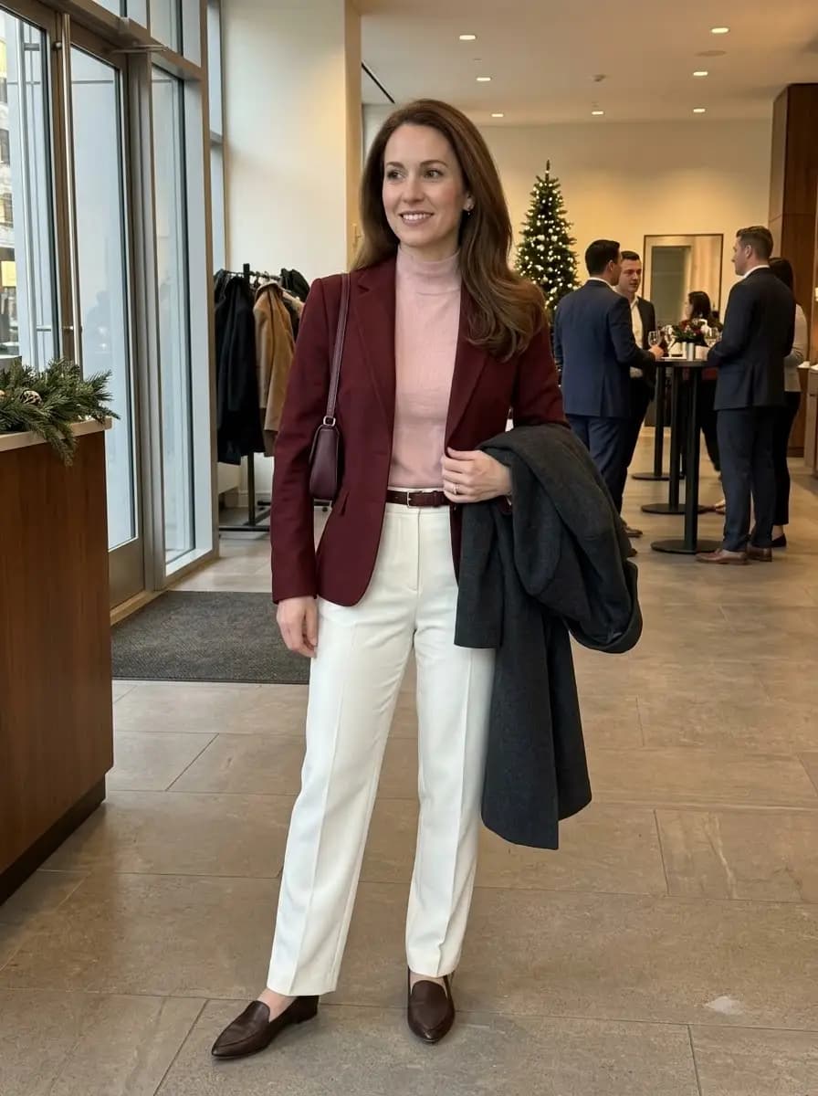 Pink turtleneck and cream wide-leg pants layered with burgundy blazer