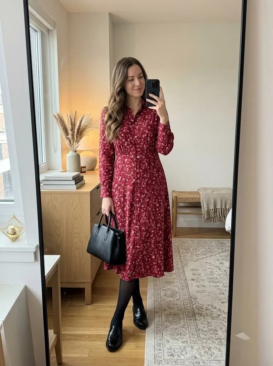 Red floral print button-front midi dress with black tights and loafers