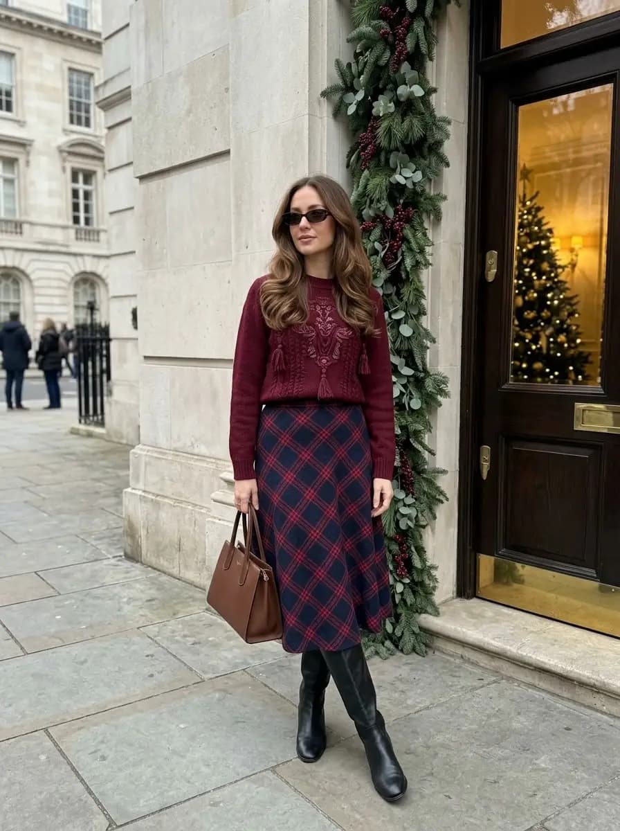 Burgundy cable-knit sweater with navy and red plaid midi skirt and knee-high boots