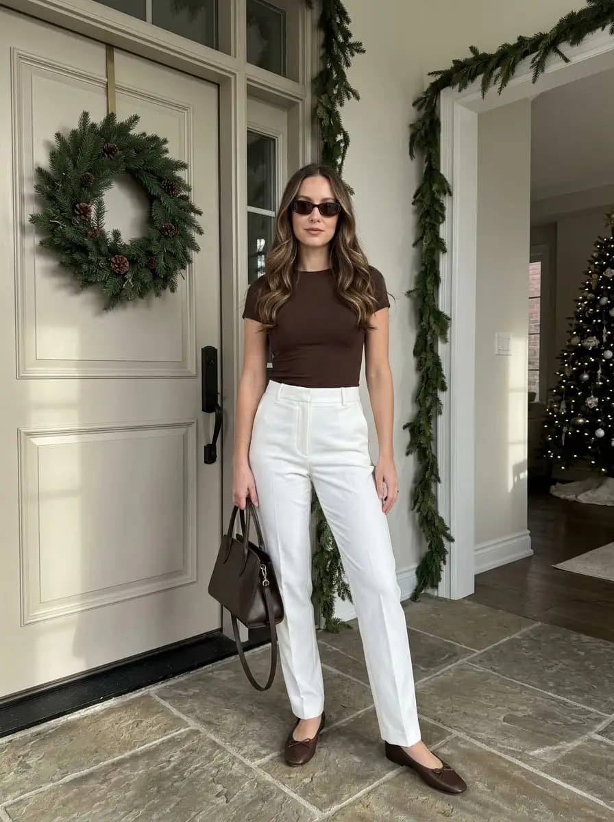 Brown knit turtleneck sweater with cream high-waisted tailored pants