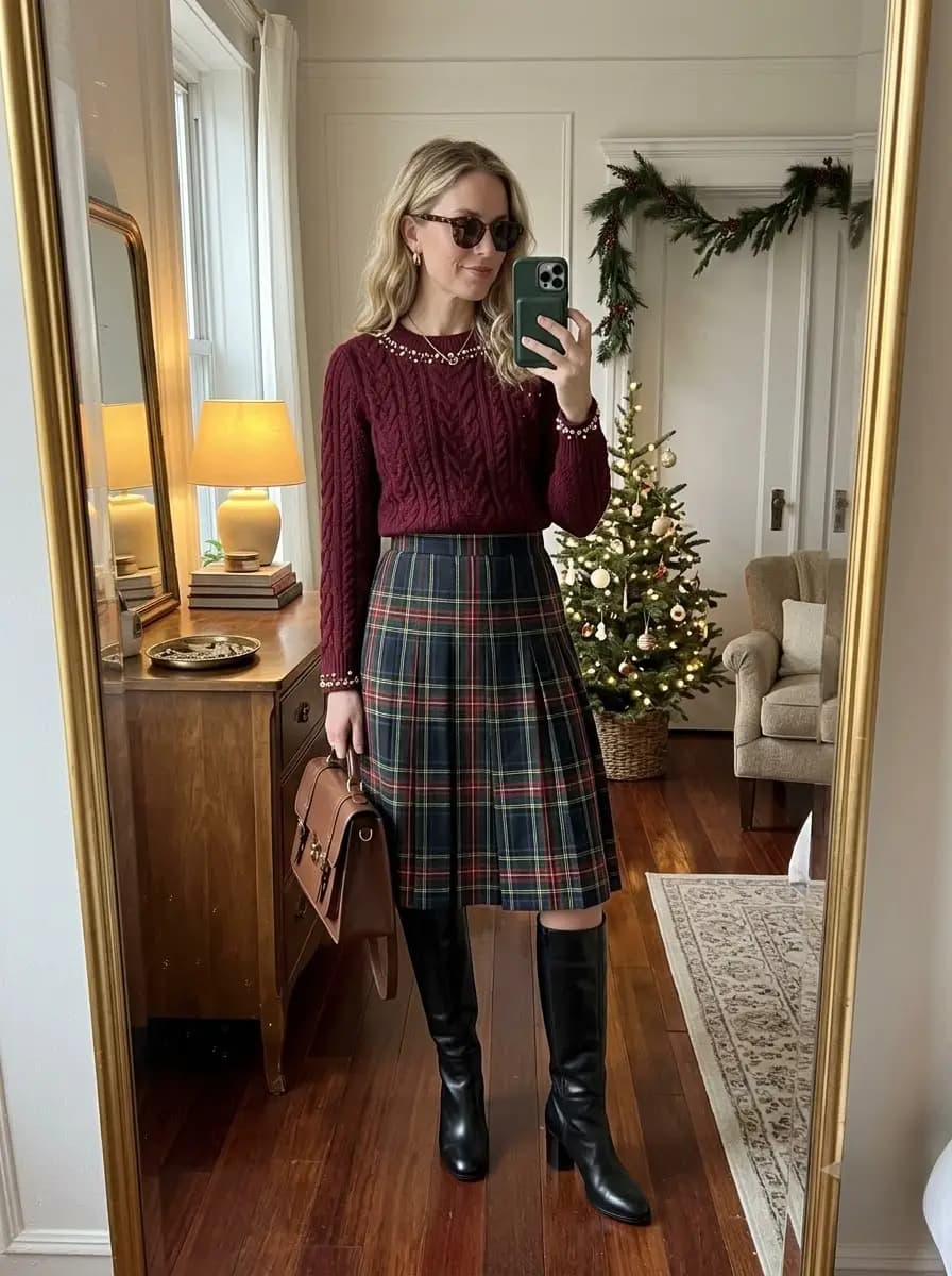Burgundy cable-knit sweater with embellished neckline and plaid pleated midi skirt