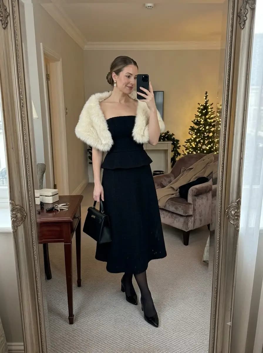 Black strapless peplum top with black wool A-line midi skirt and cream faux-fur stole