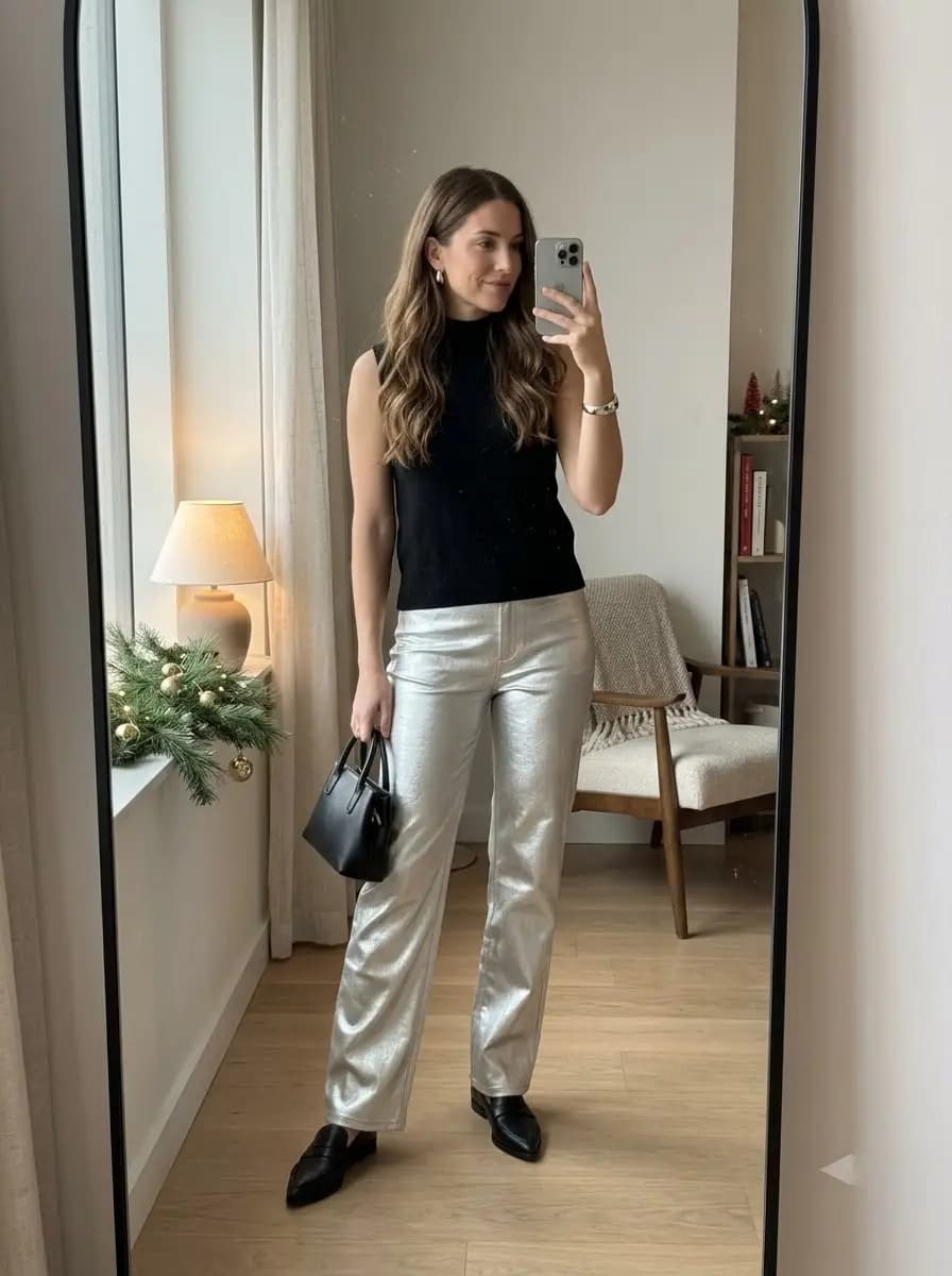 Black sleeveless mock-neck top with silver metallic wide-leg pants and black loafers