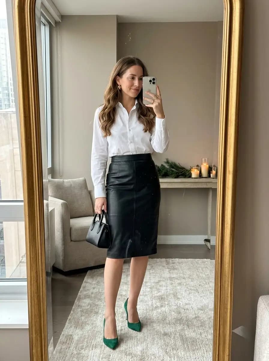 White button-up shirt with black leather pencil skirt and emerald pointed pumps