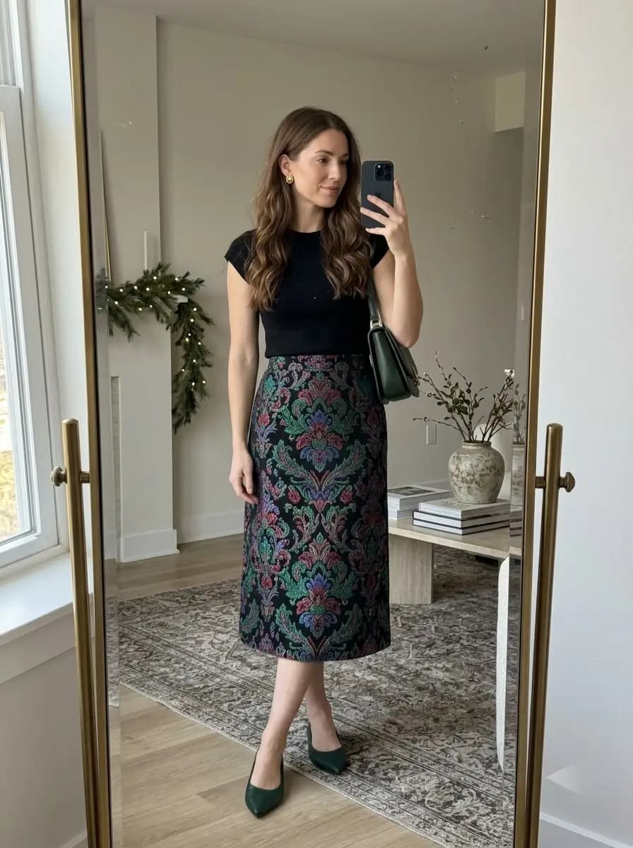 Black cap-sleeve top with floral brocade A-line midi skirt and dark green pumps