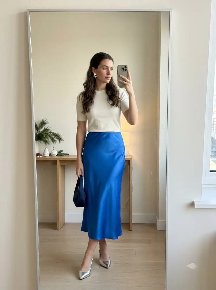 White short-sleeve top with royal blue satin midi skirt and silver pointed heels