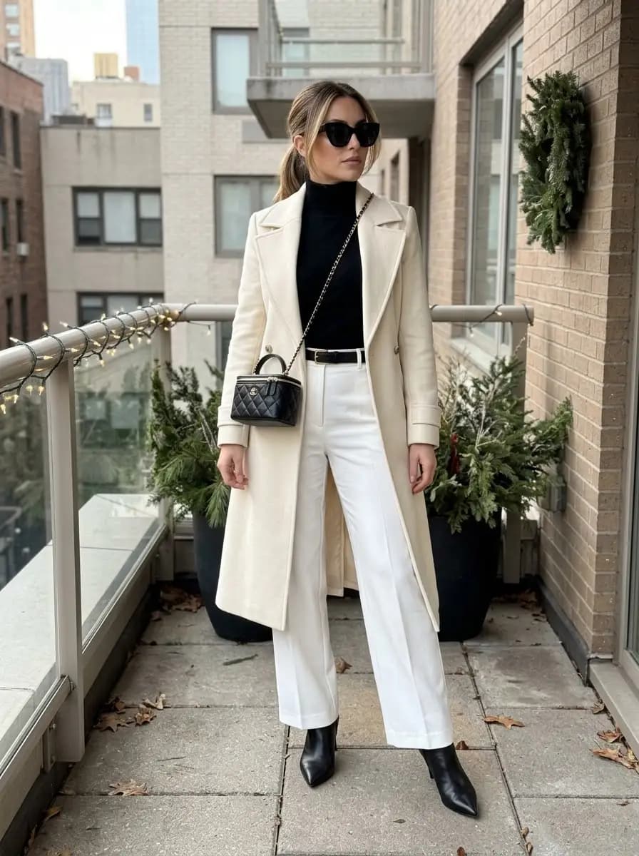 Cream long coat over black turtleneck and white wide-leg pants