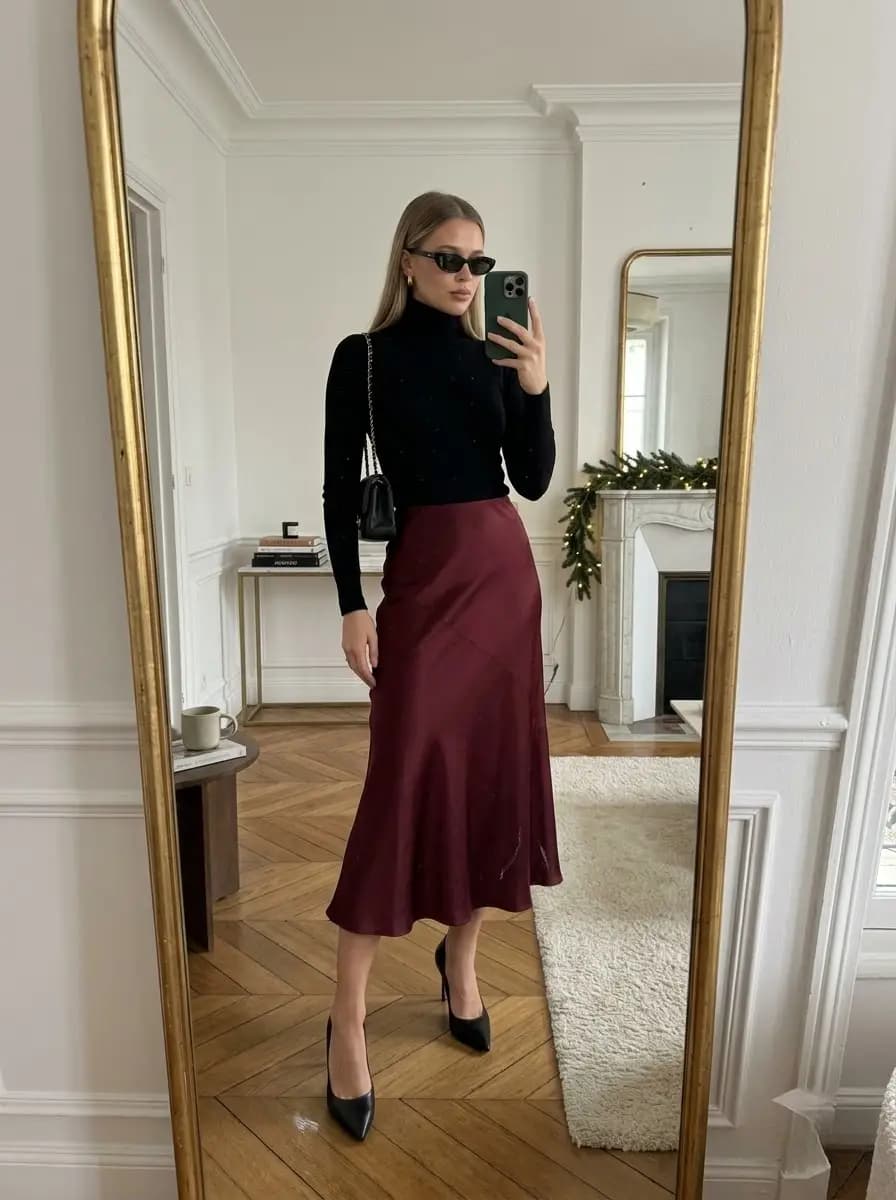 Black turtleneck sweater with burgundy satin midi skirt and black pumps