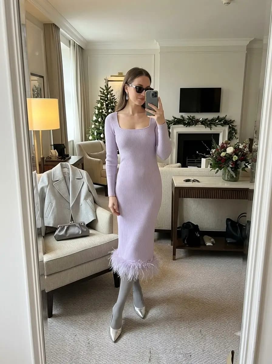 Light purple lavender ribbed knit dress with feather trim hem and grey tights