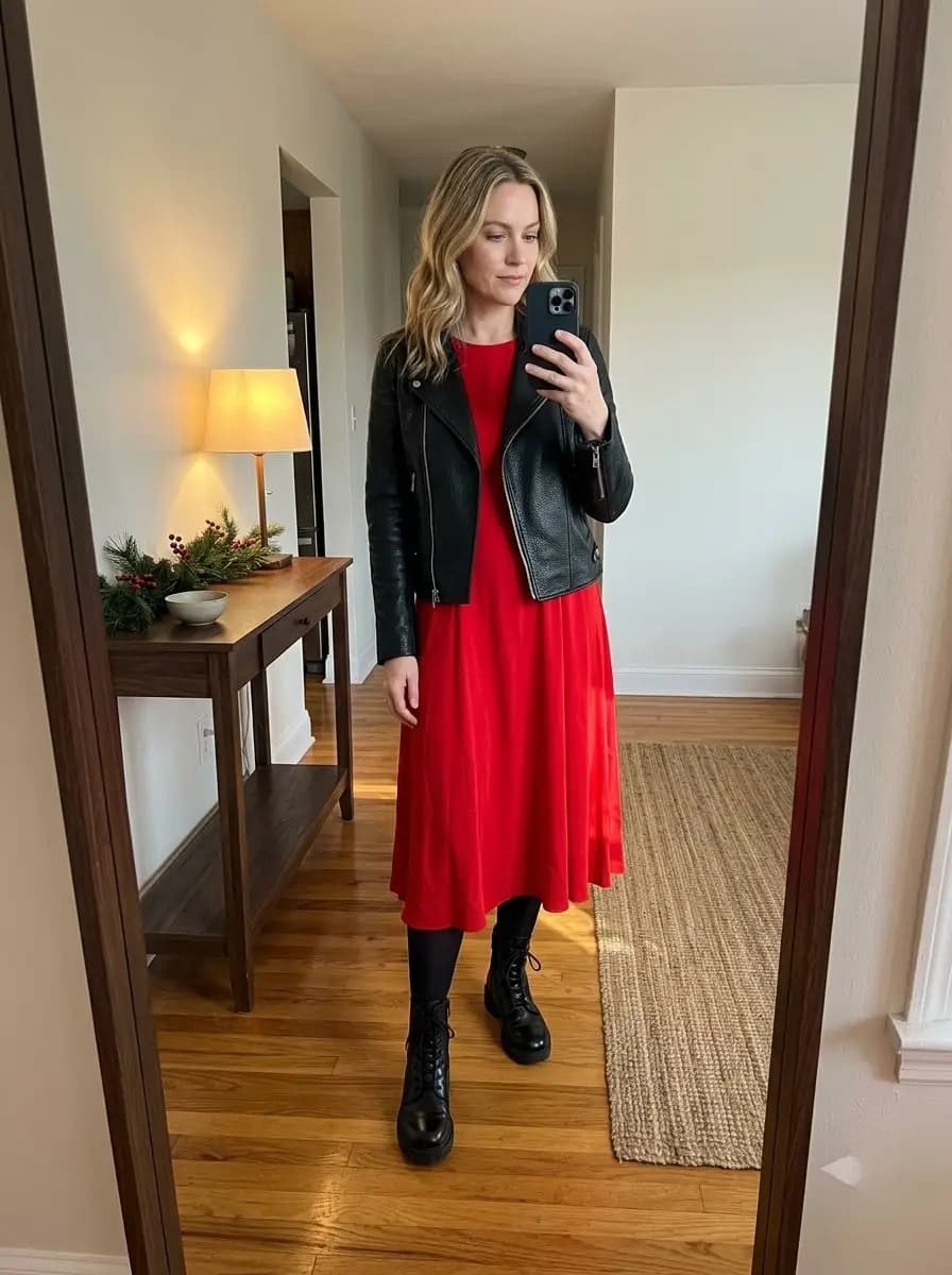 Black leather biker jacket over red fit-and-flare midi dress with lace-up boots