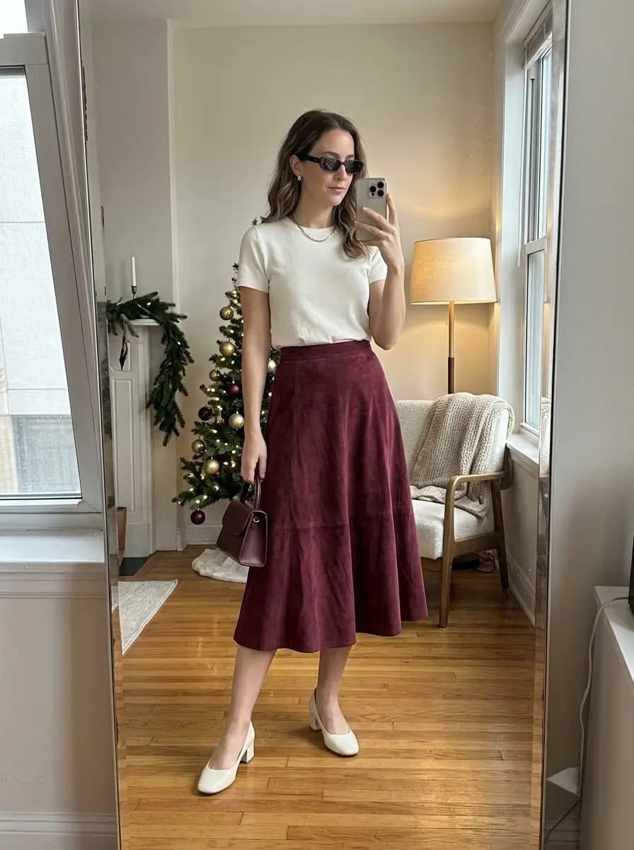 White short sleeve top with burgundy suede A-line midi skirt and cream block heels