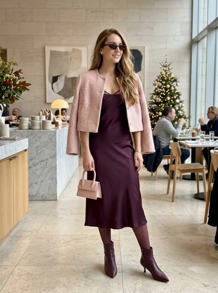 Burgundy slip midi dress with pink textured cropped jacket and burgundy boots