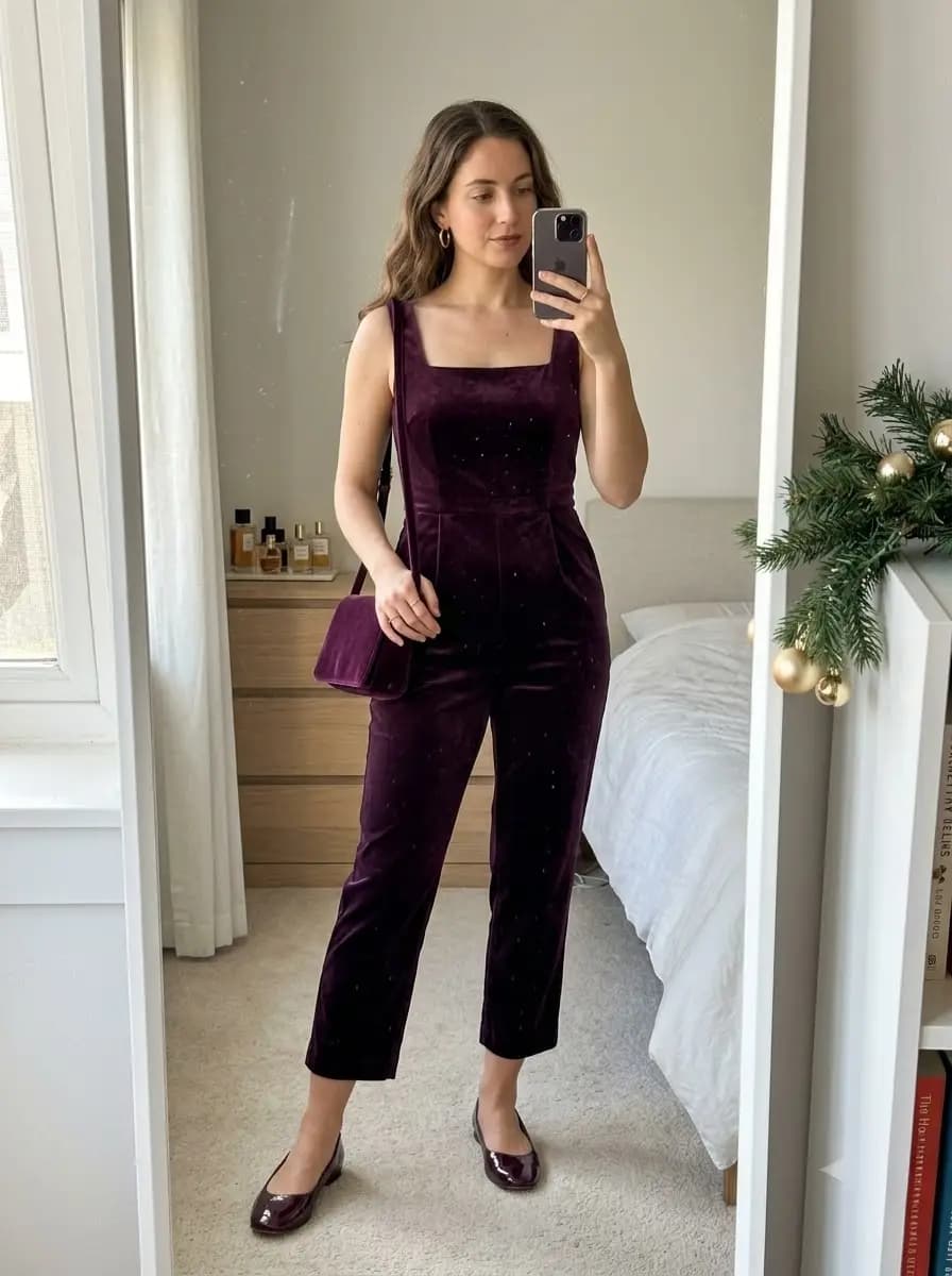 Purple velvet square-neck jumpsuit with plum flat shoes