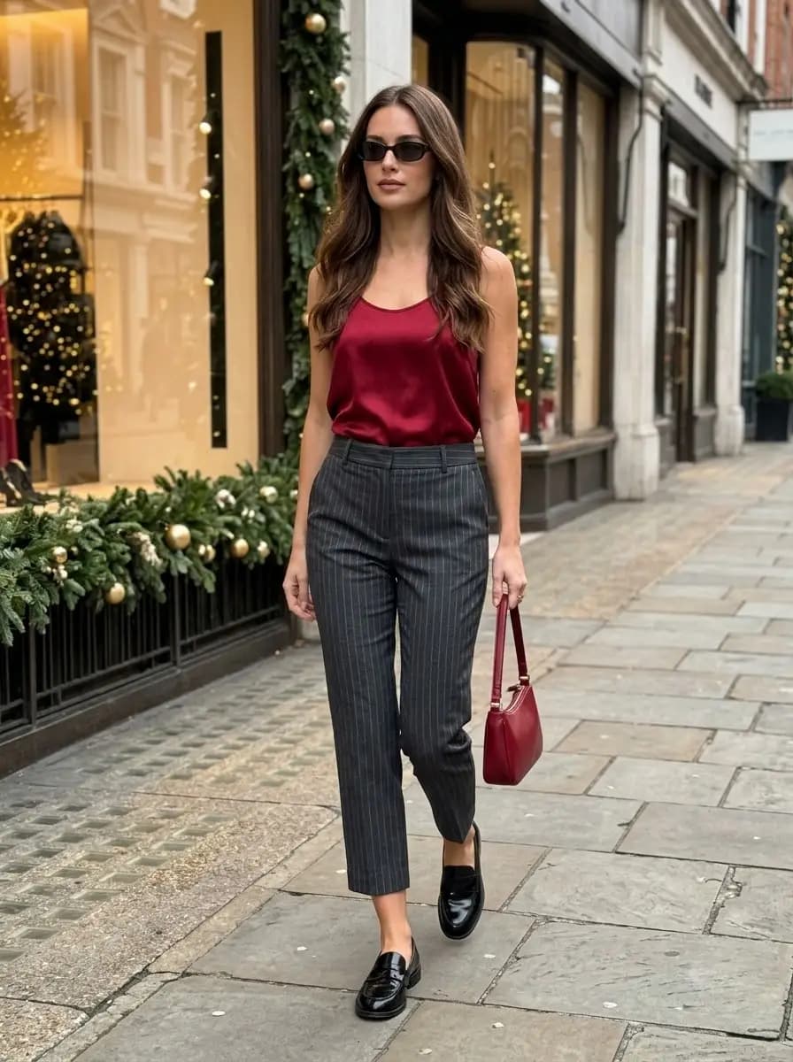 Burgundy satin camisole top with grey pinstripe cropped pants and black loafers