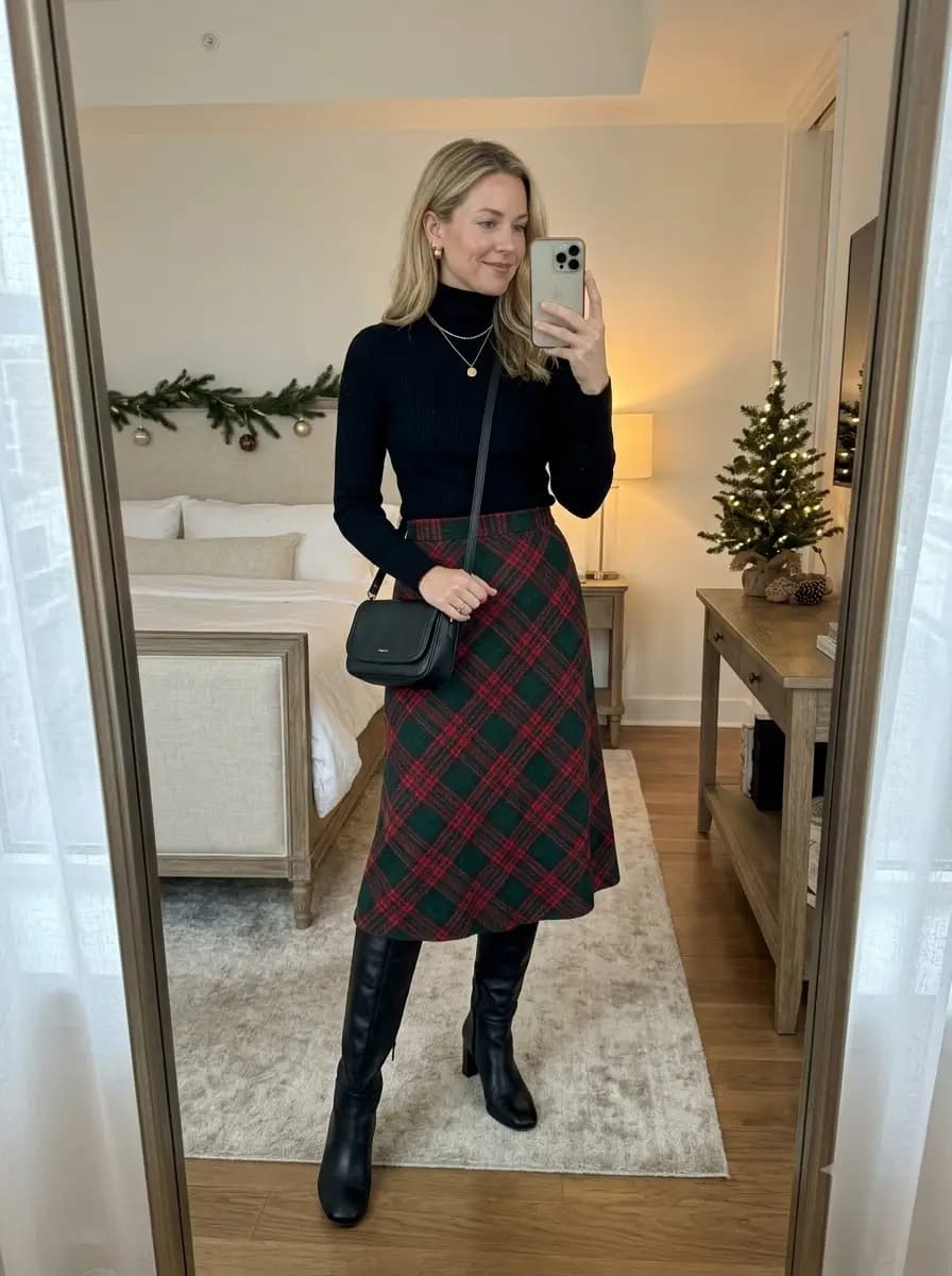 Black turtleneck sweater with green and red plaid midi skirt and tall black boots