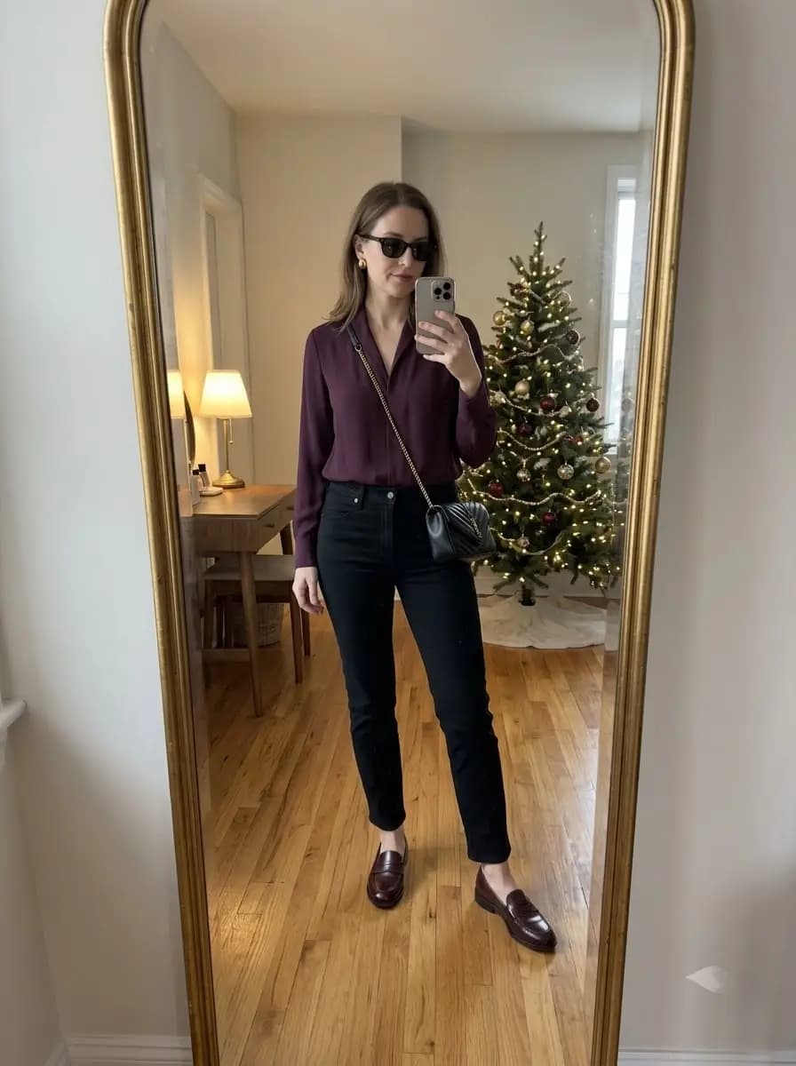 Purple silk button-down shirt with black straight-leg pants and dark burgundy loafers