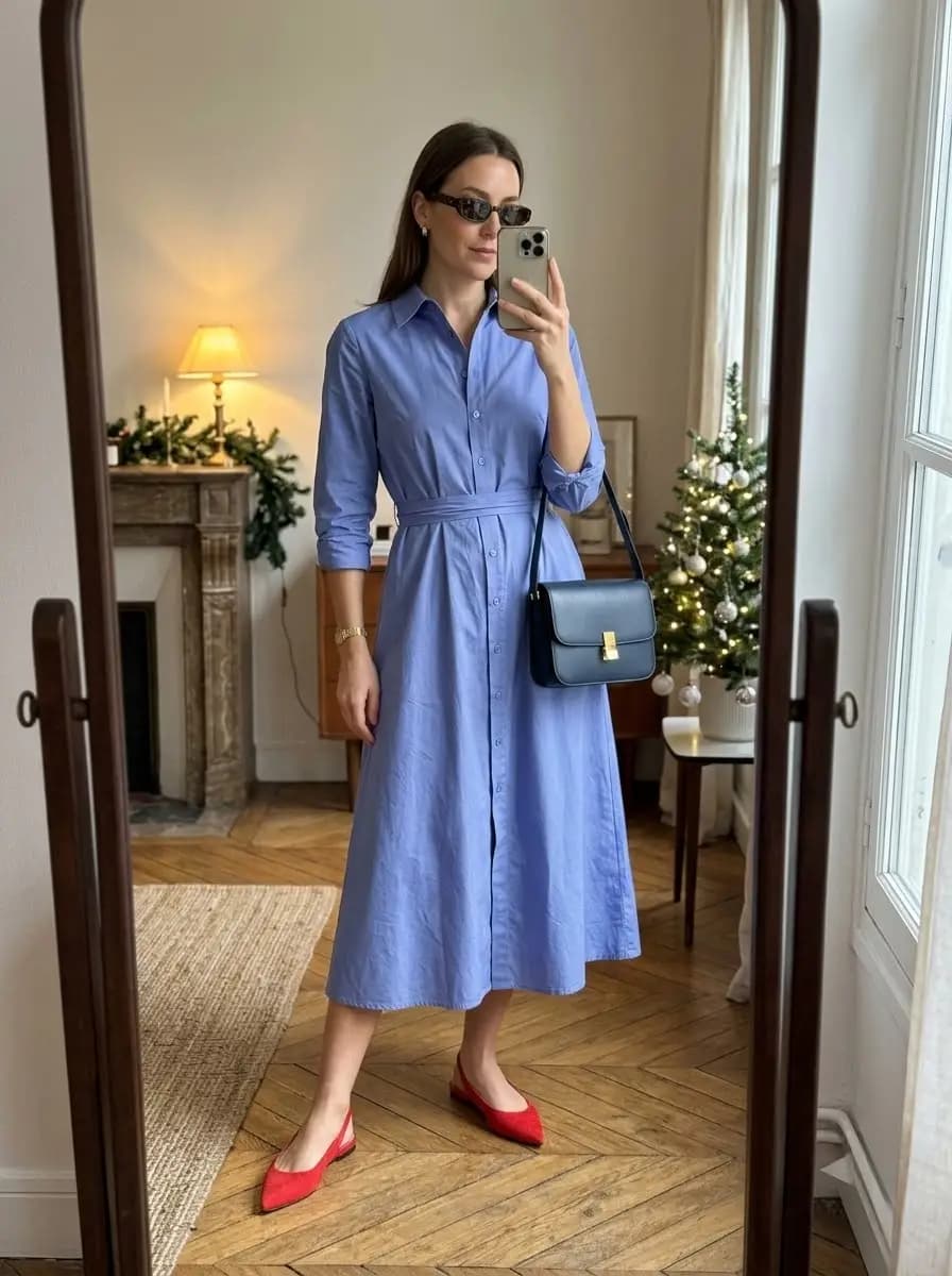 Blue cotton button-down midi dress with red slingback flats
