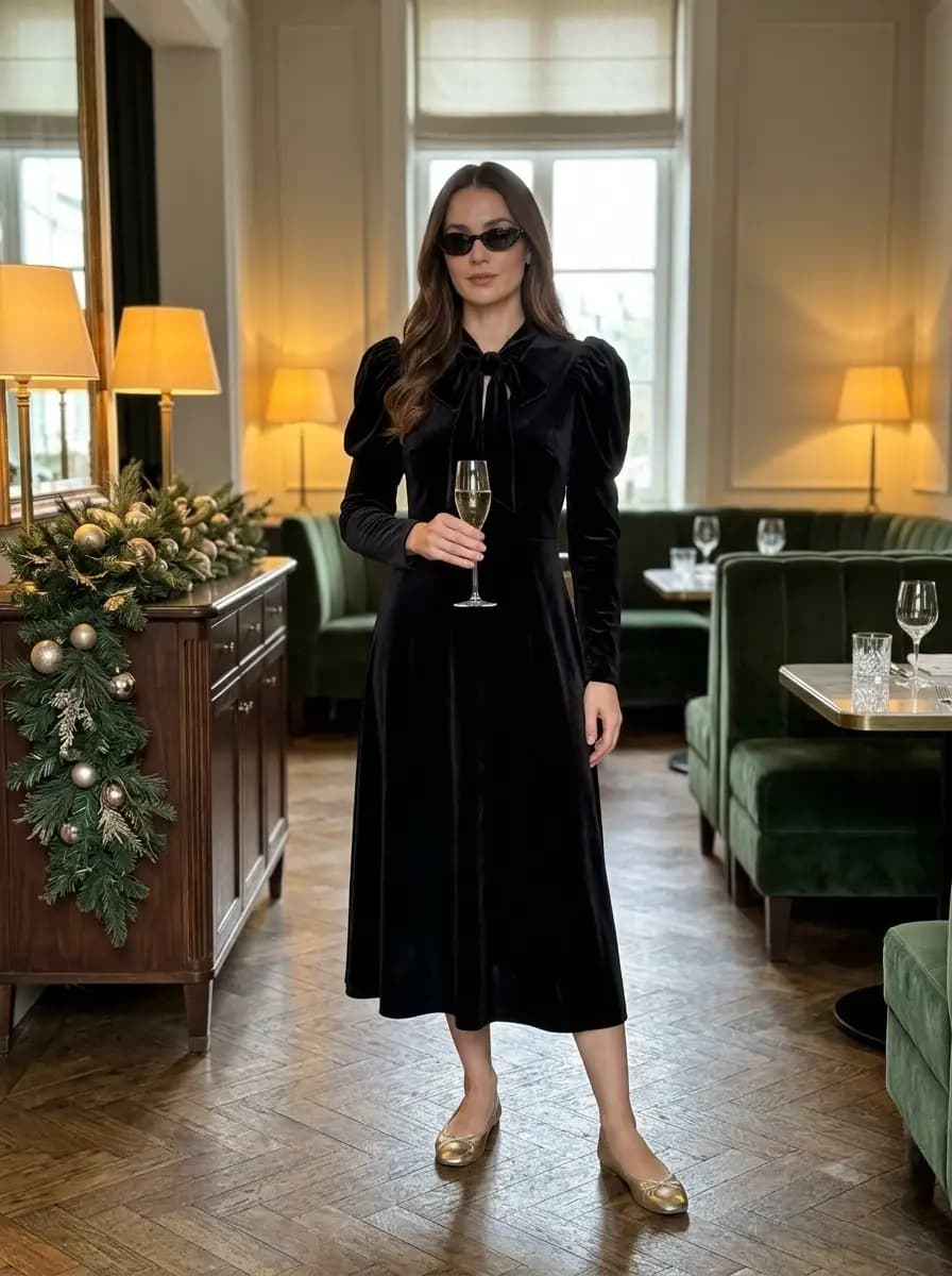 Black velvet puff-sleeve midi dress with bow neck and gold ballet flats