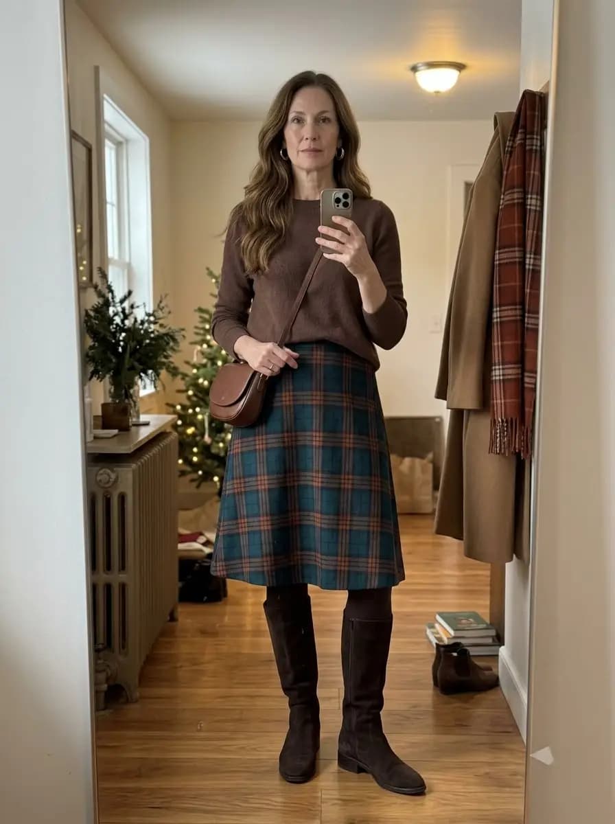Brown crewneck sweater with teal green plaid A-line midi skirt and chocolate brown boots