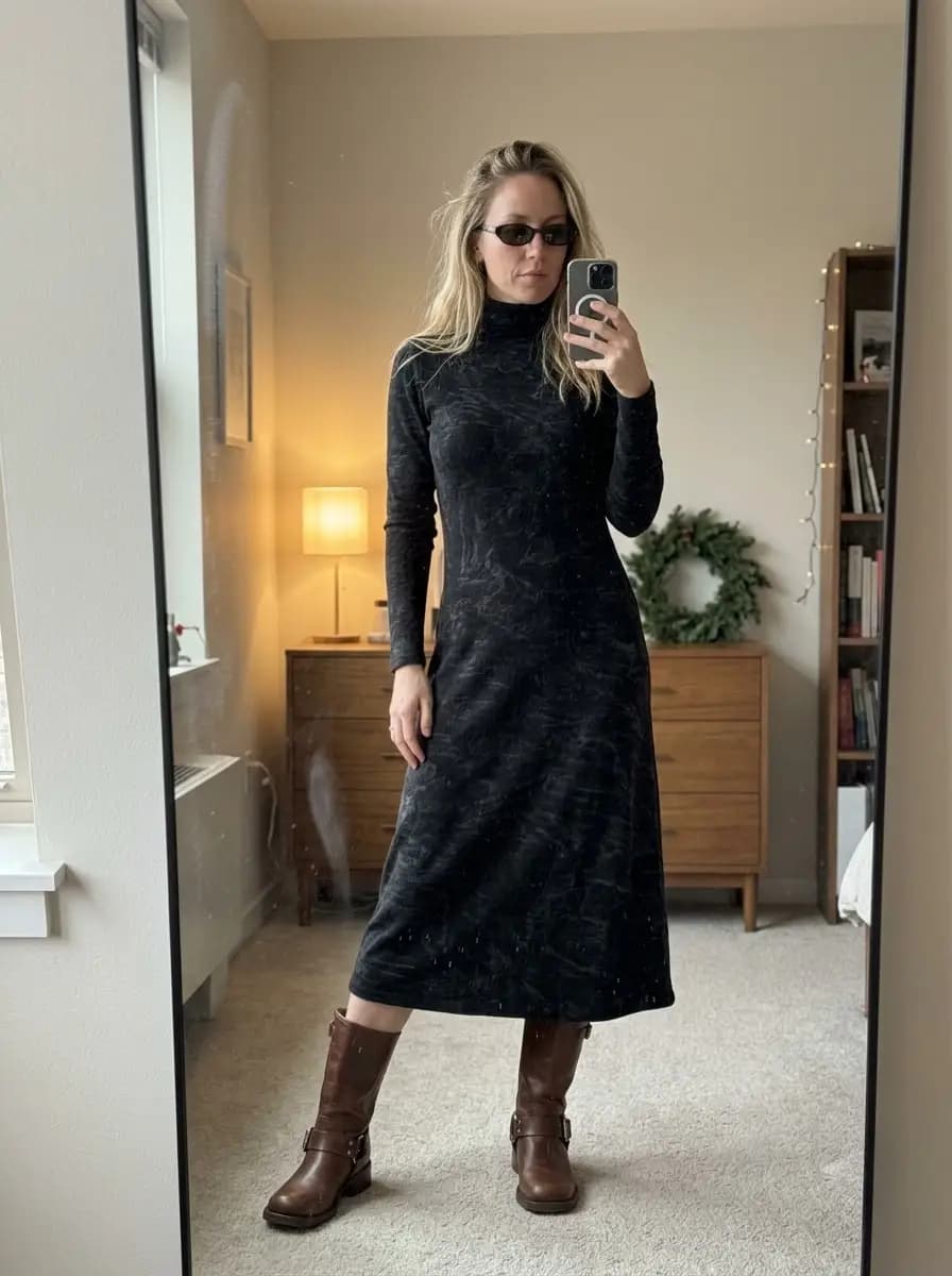 Black marbled print long sleeve dress with brown leather boots