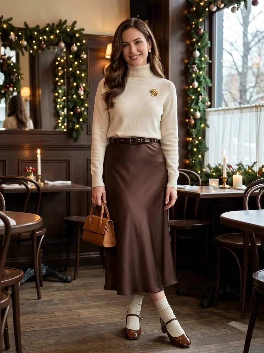 Cream turtleneck sweater with brown satin midi skirt and brown heels