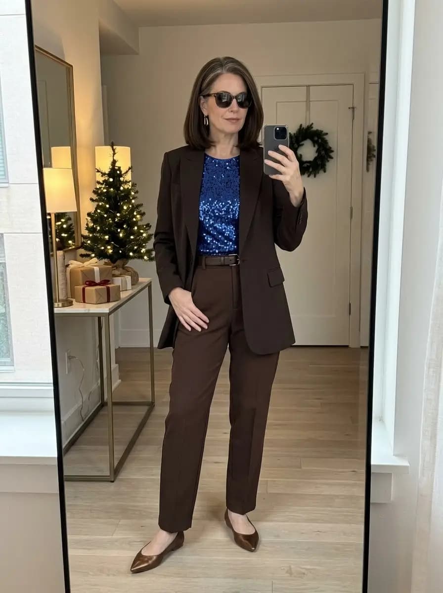 Brown wool blazer and brown wool trousers with a blue sequin top