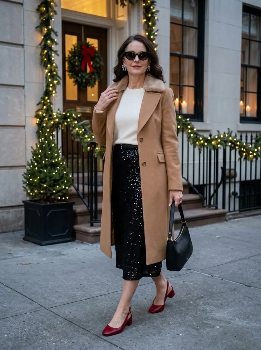 Camel wool coat, cream crewneck sweater, and black sequin midi skirt