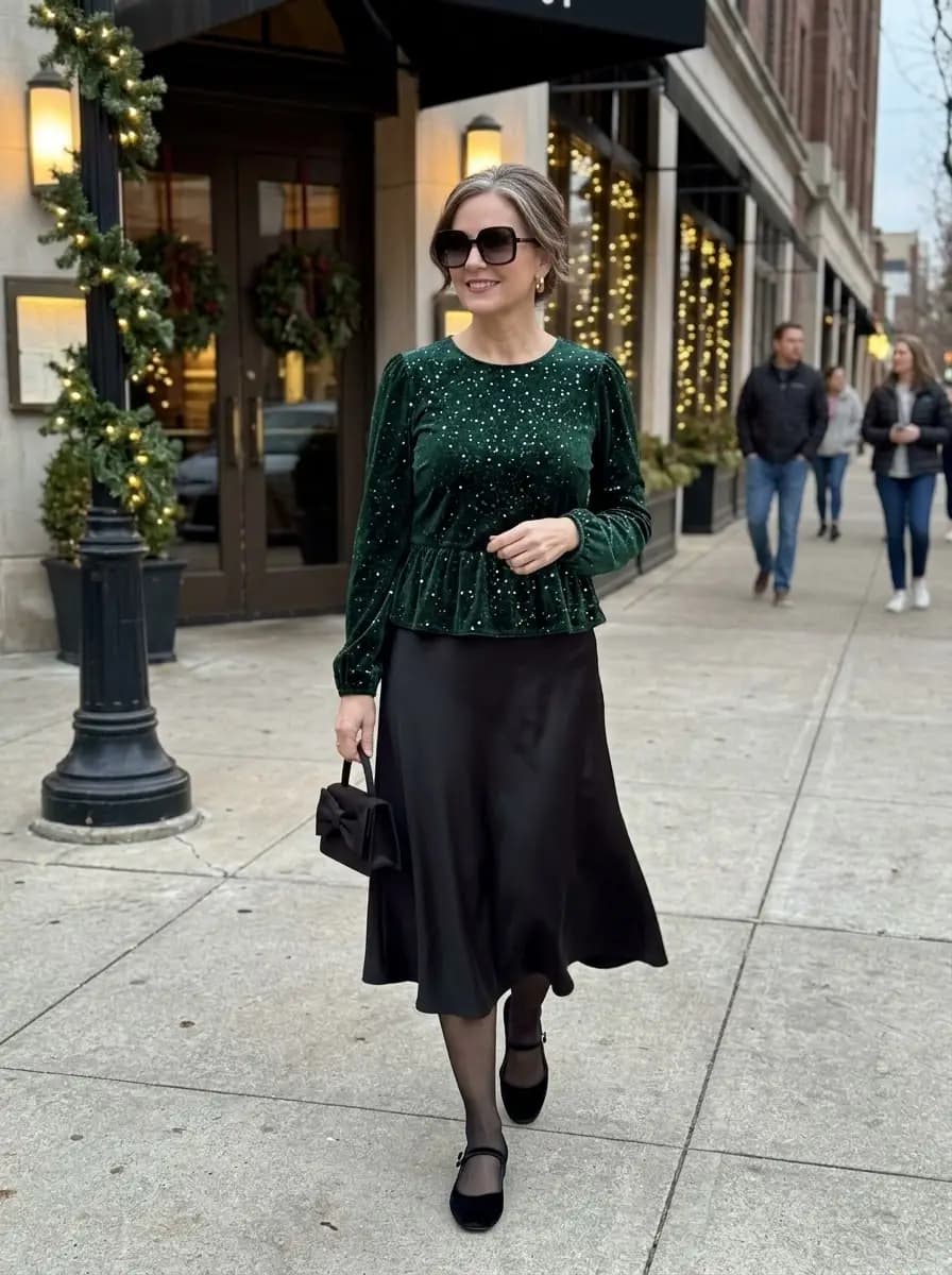 Green velvet peplum top with black satin midi skirt
