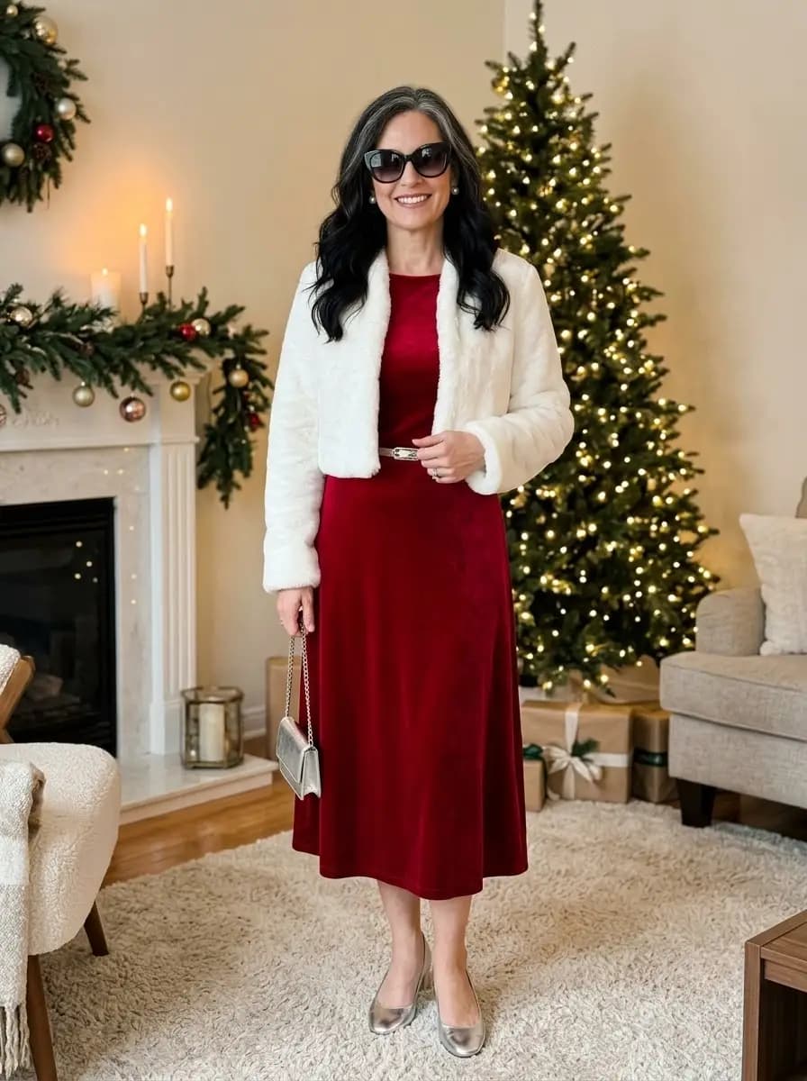 White faux fur cropped jacket over red velvet midi dress