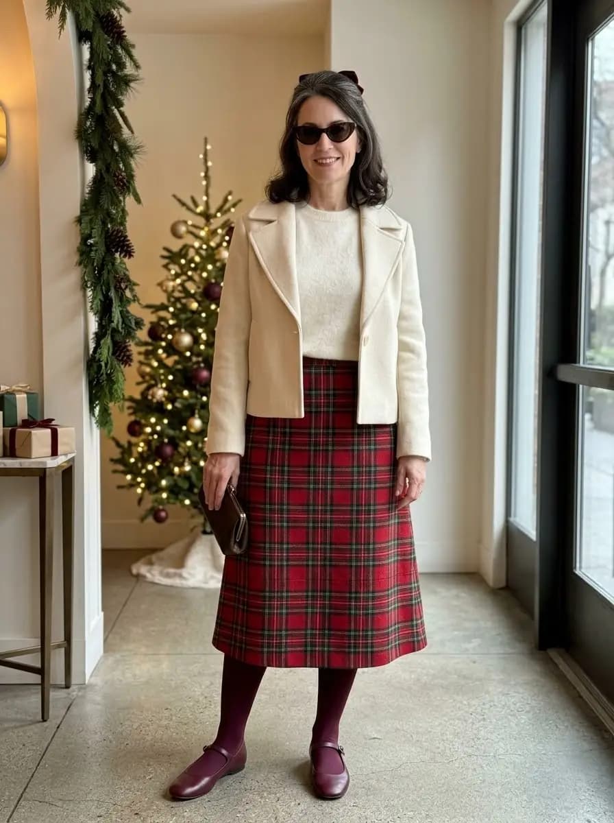 Cream cropped jacket, cream crewneck sweater, and red plaid midi skirt