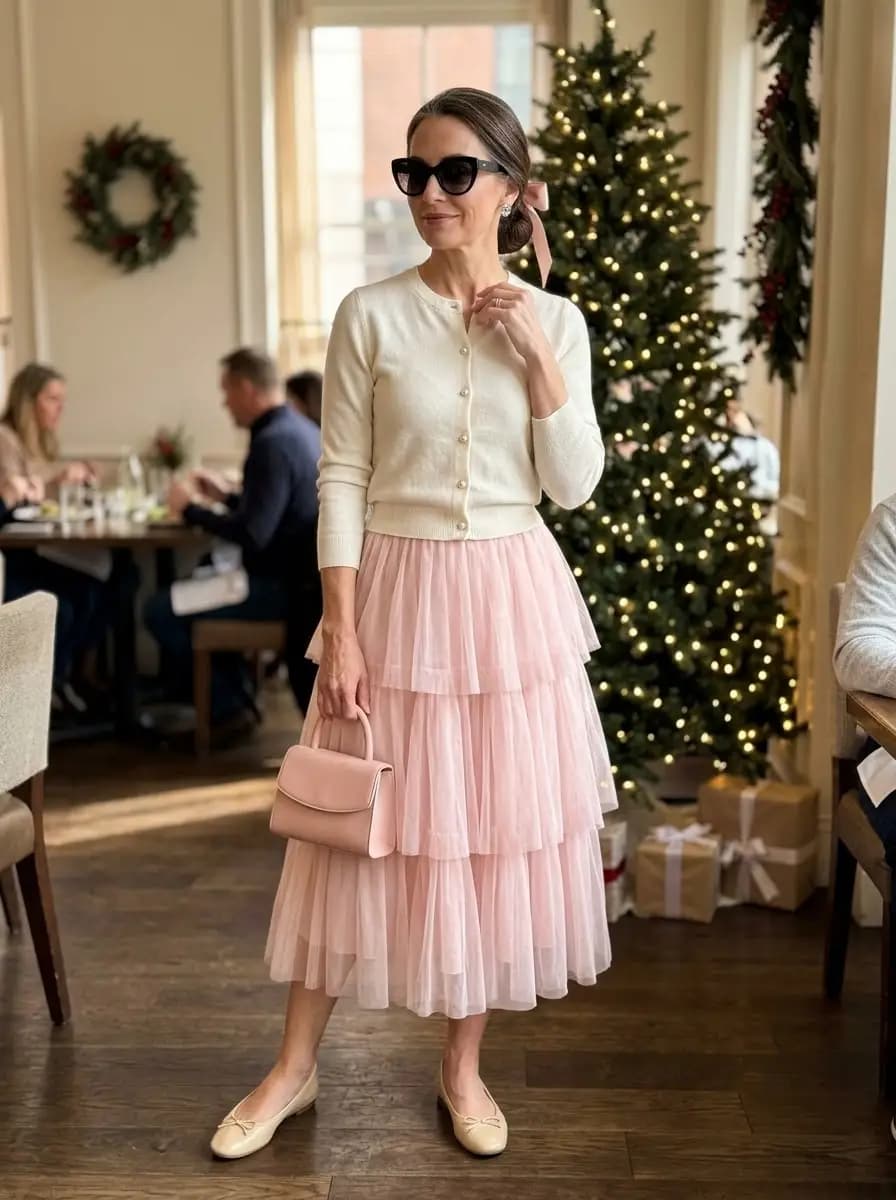 Cream cardigan with pink tulle tiered skirt and ballet flats