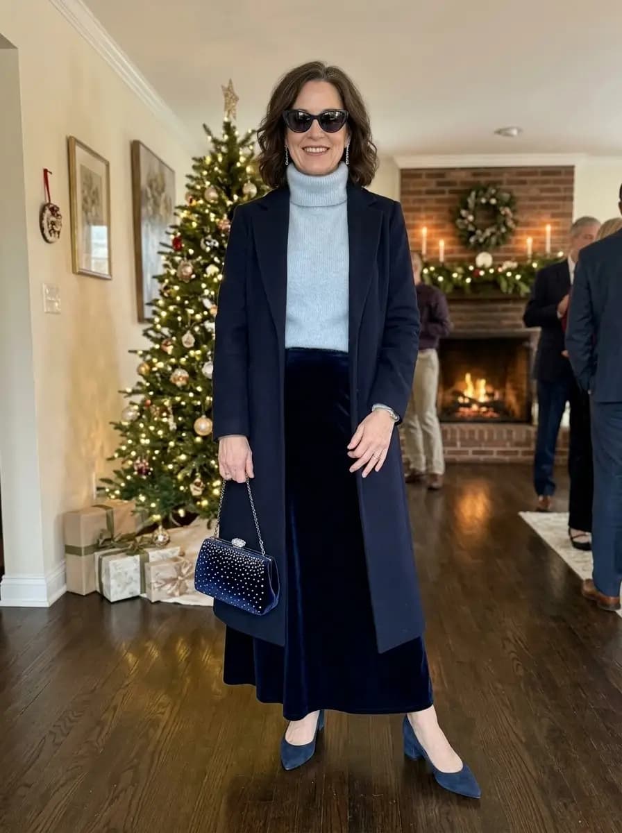 Navy wool coat, light blue turtleneck sweater, and navy velvet maxi skirt