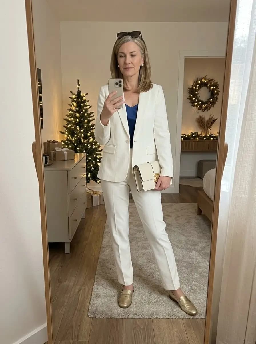 Cream linen blazer, cream trousers, and blue v-neck top with gold loafers