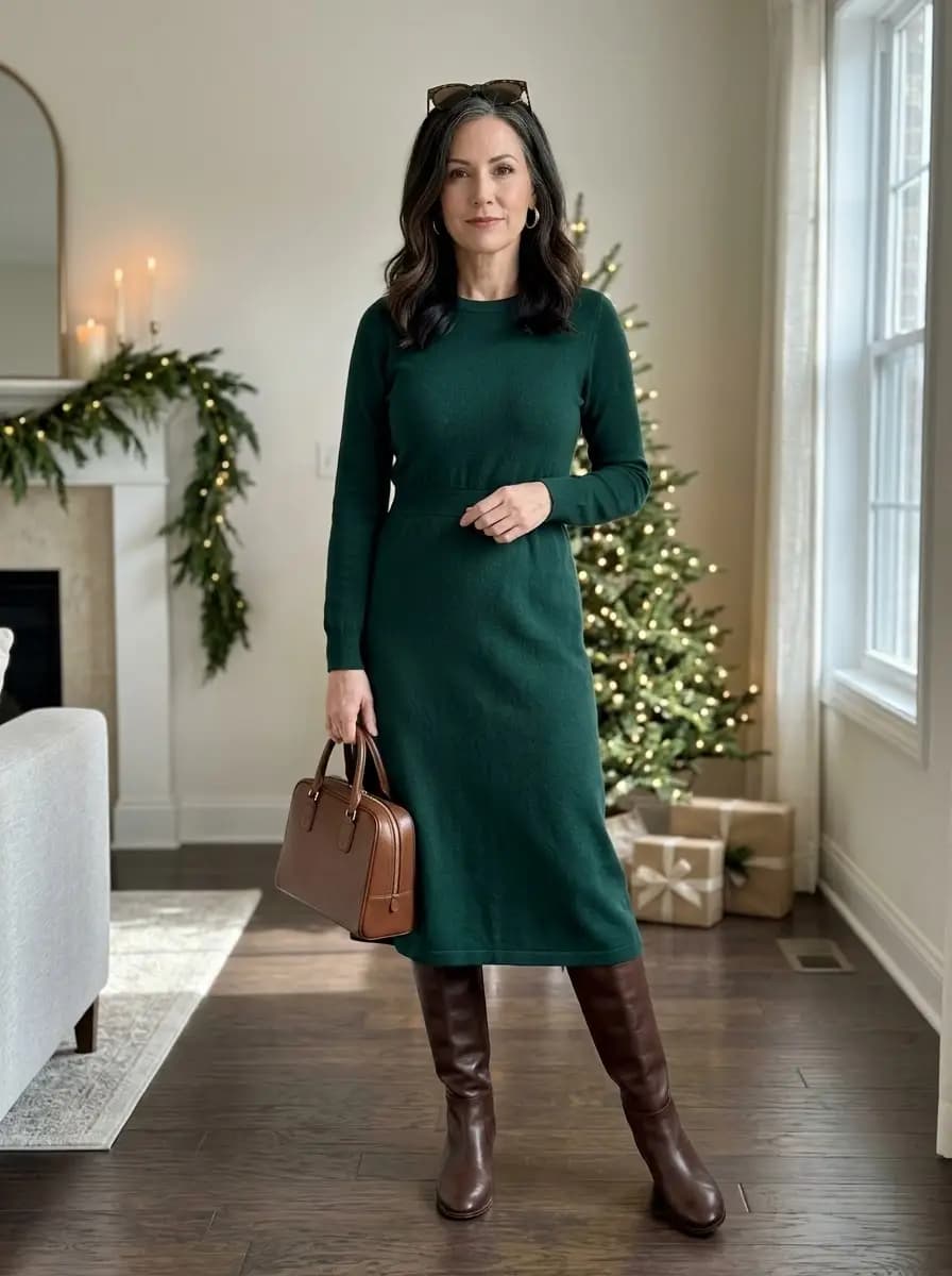Green knit midi dress with brown knee-high boots and cognac handbag