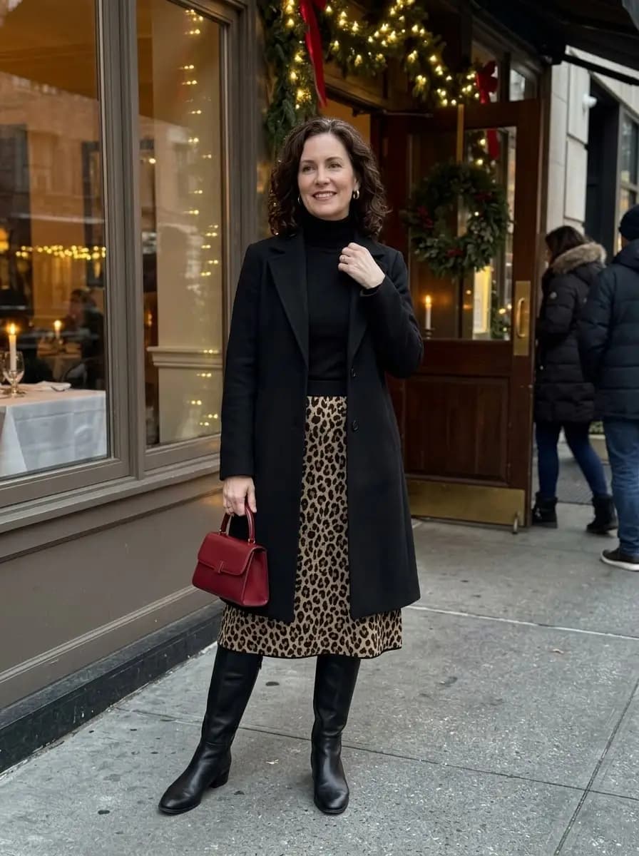Black wool coat, black turtleneck sweater, and leopard print midi skirt