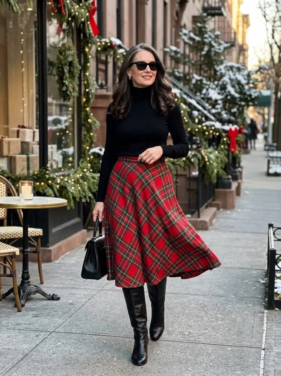 Black turtleneck top with red plaid midi skirt and knee-high boots