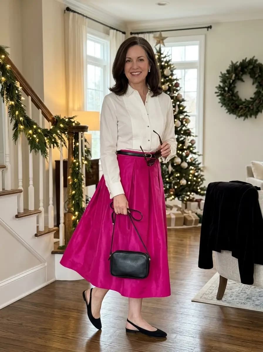 White tuxedo shirt with pink satin midi skirt and black slingbacks