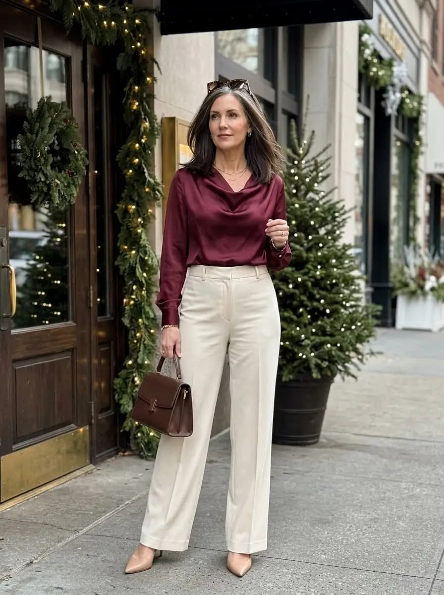 Burgundy cowl neck satin blouse with cream wide-leg trousers