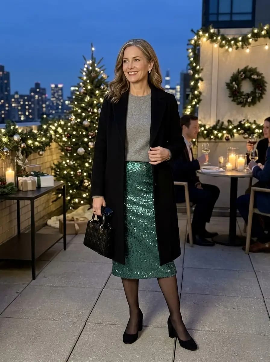 Black wool coat, grey crewneck sweater, and green sequin midi skirt