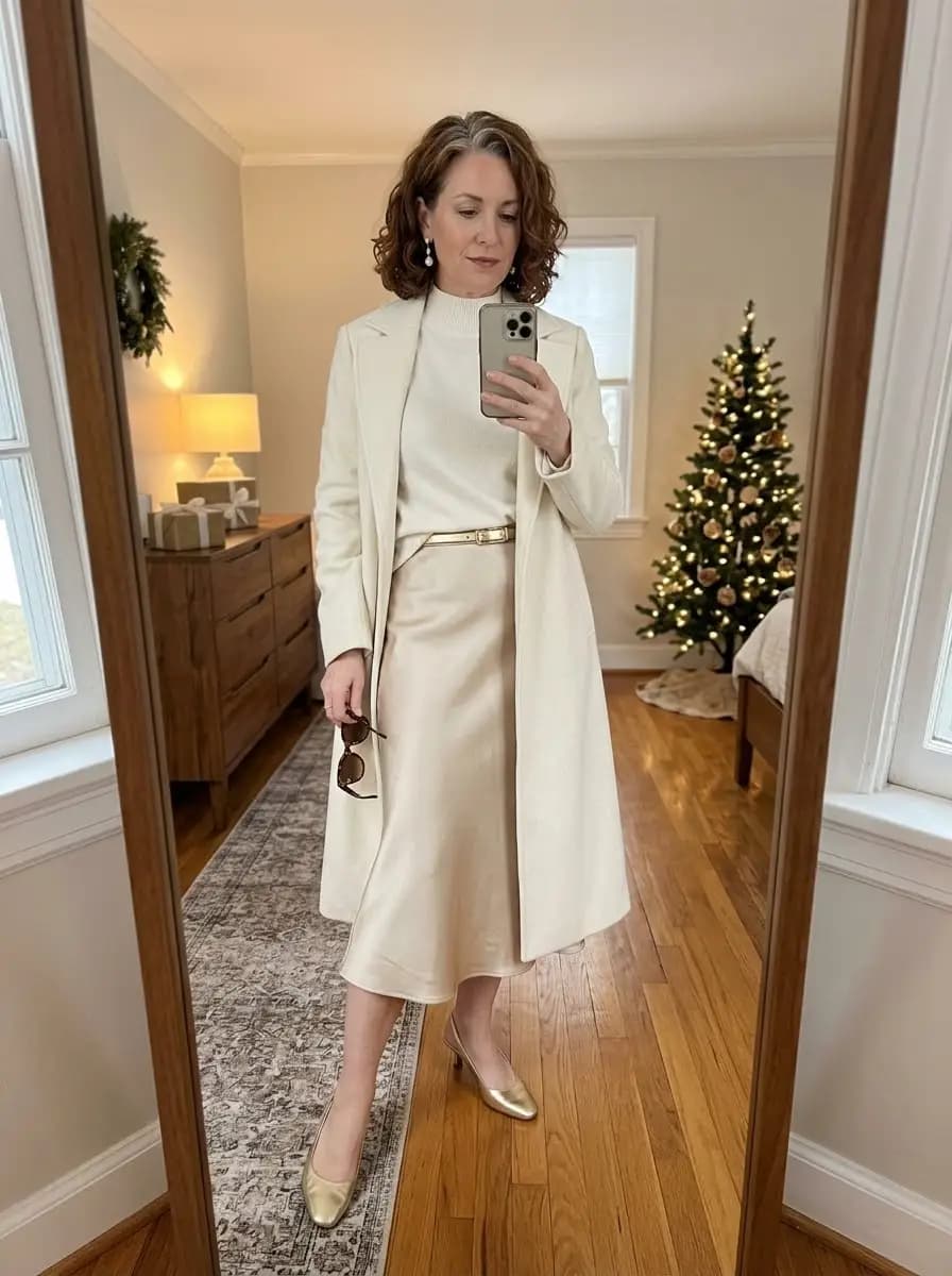 Cream long coat, cream turtleneck sweater, and cream satin midi skirt