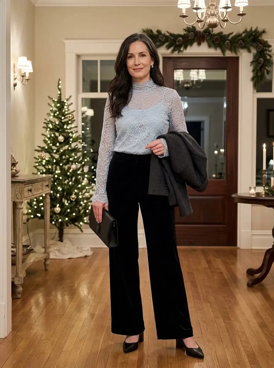 Light blue lace top with black velvet wide-leg trousers