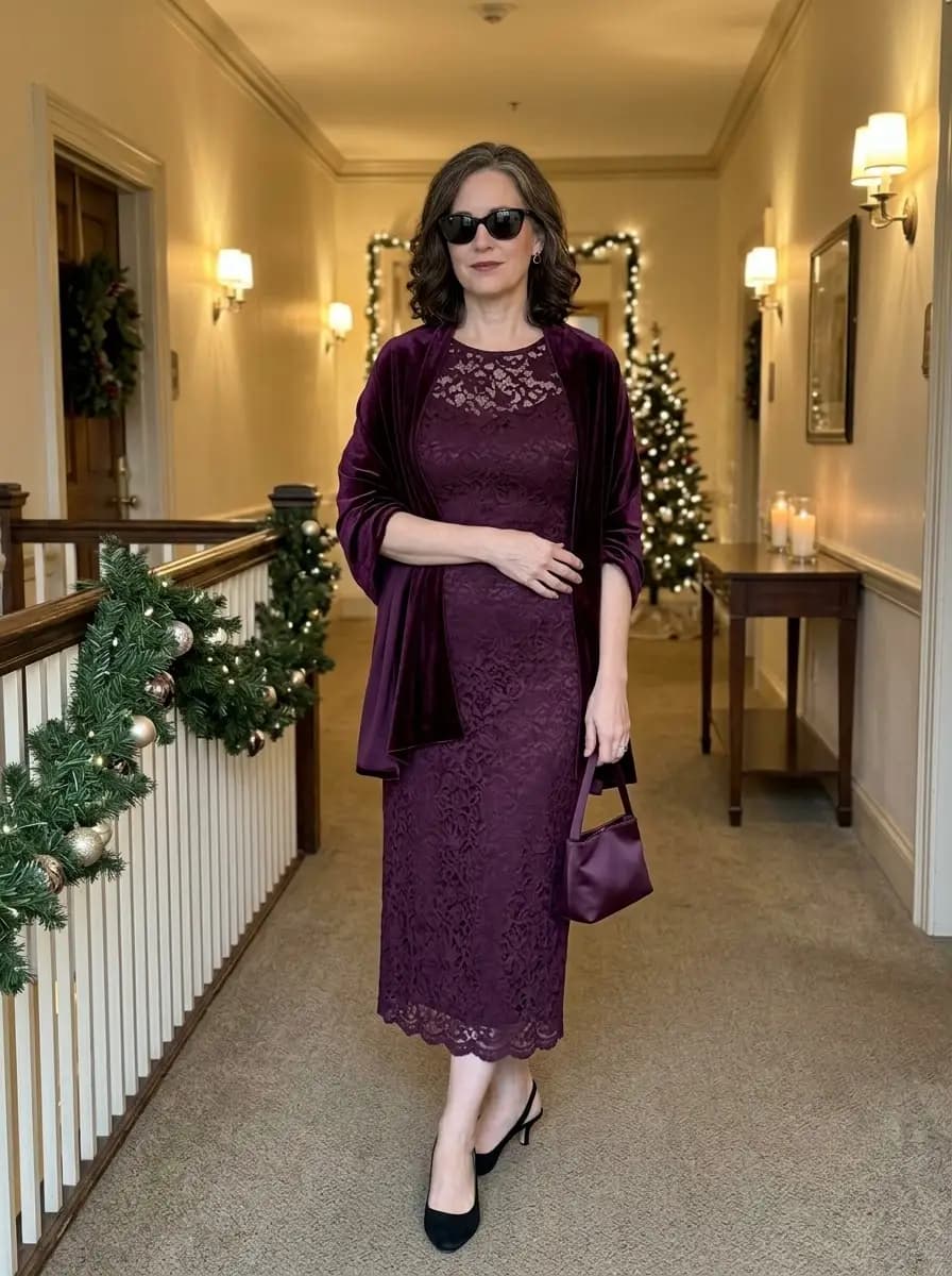 Purple lace midi dress with purple velvet shawl