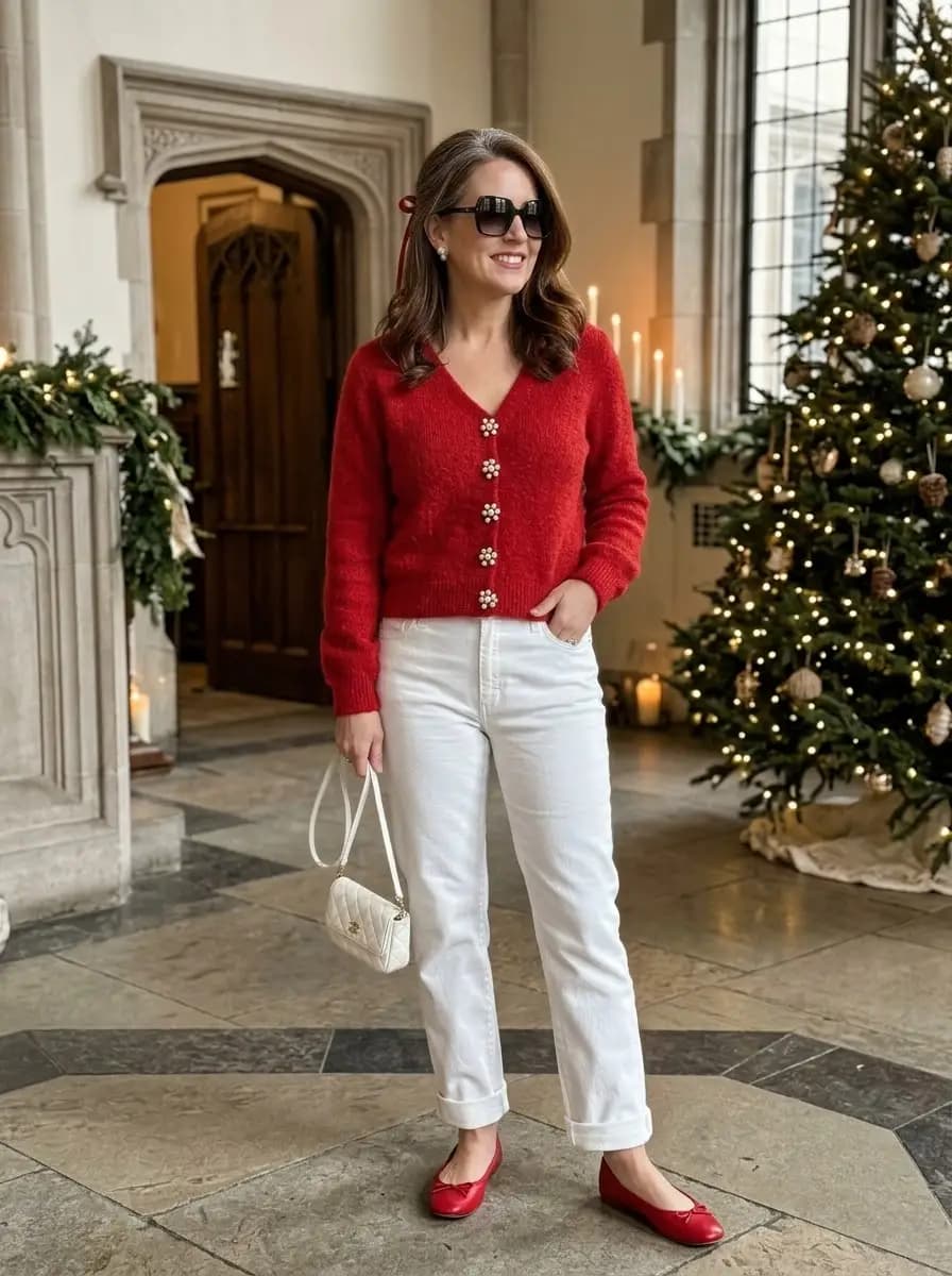 Red jewel button cardigan with white cropped jeans and red ballet flats