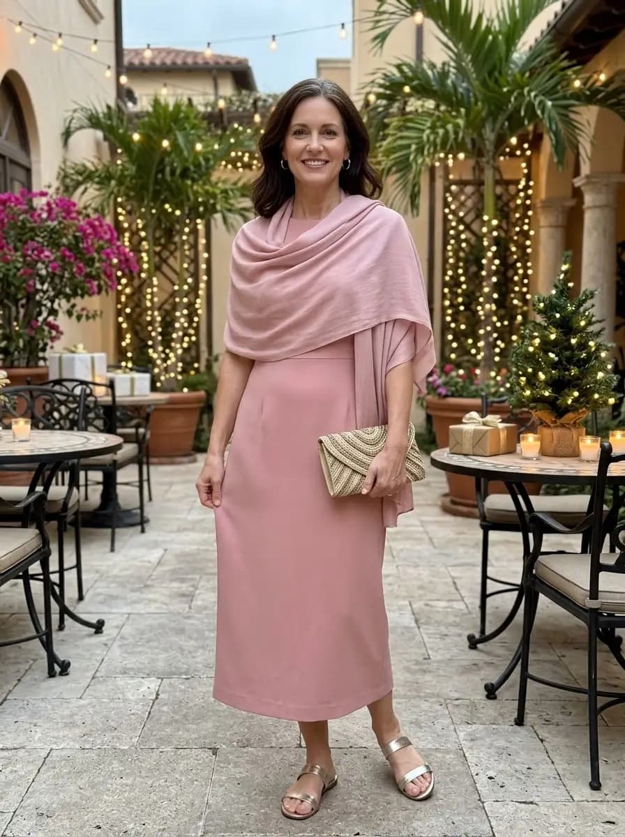 Pink midi dress with matching pink shawl and gold clutch